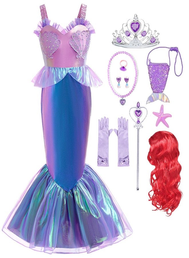 Luzlen Litttle Mermaid Costume Girls Princess Ariel Dress Up Purple Outfit with Wig for Birthday Halloween Cosplay Party, 3-4T(Tag 110) - Image 1